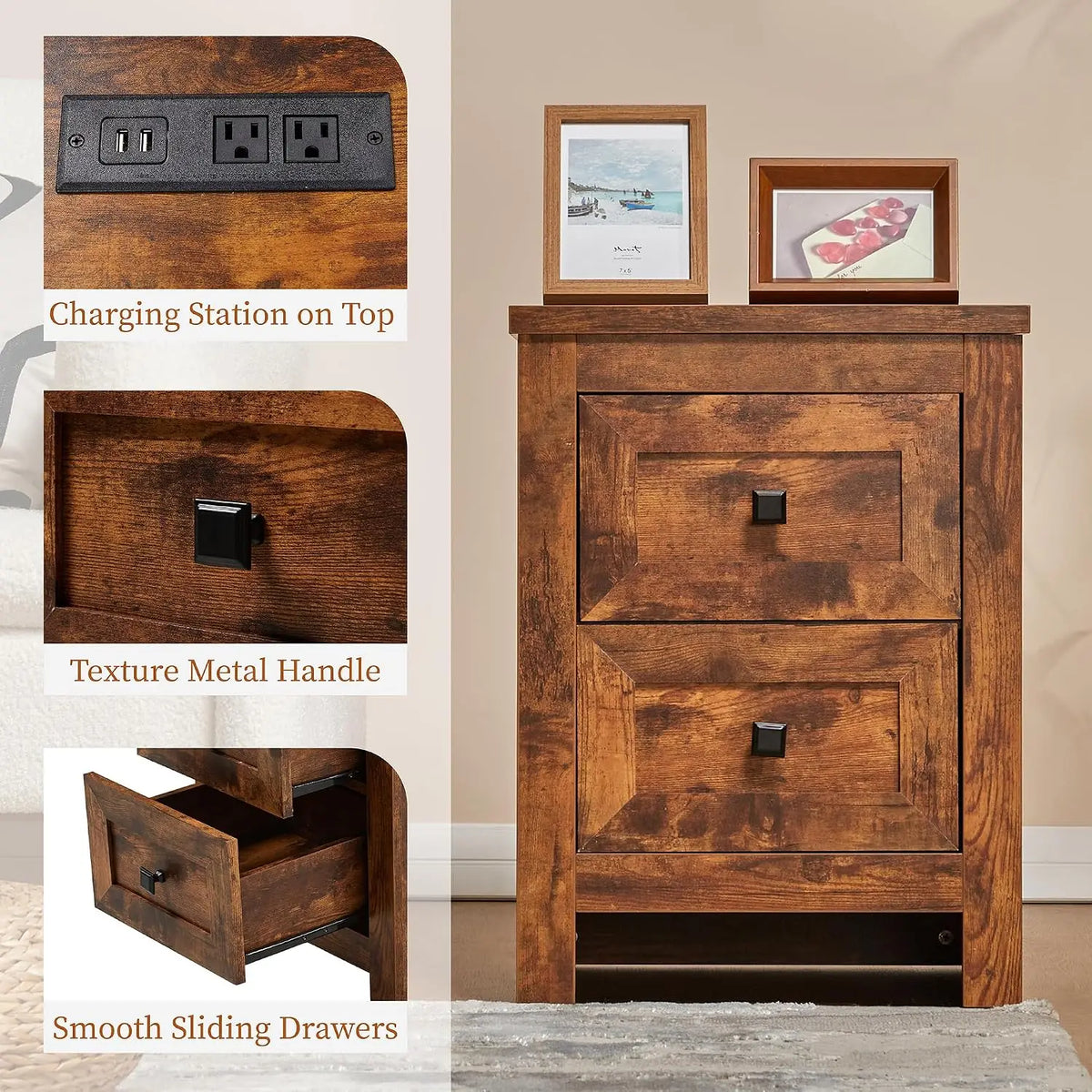 Nightstand Set of 2 with Charging Station & USB Ports, Wood Bedside Table with 2 Drawers for Bedroom, Customized