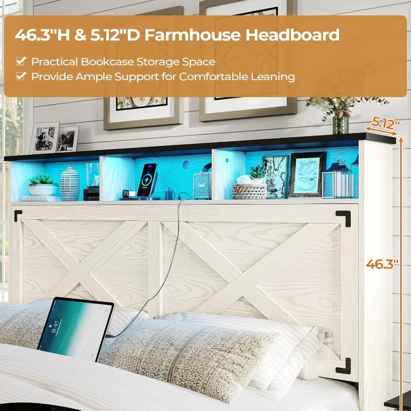 Farmhouse Queen Bed Frame with Storage Headboard, Charging Station and LED Lights Queen Size Platform Bed Frame with Stor