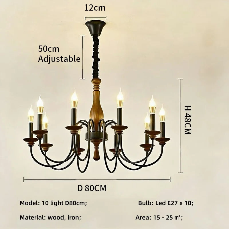 SaloEElaitte American Retro Wood Candle E27 Chandelier Pendant Light