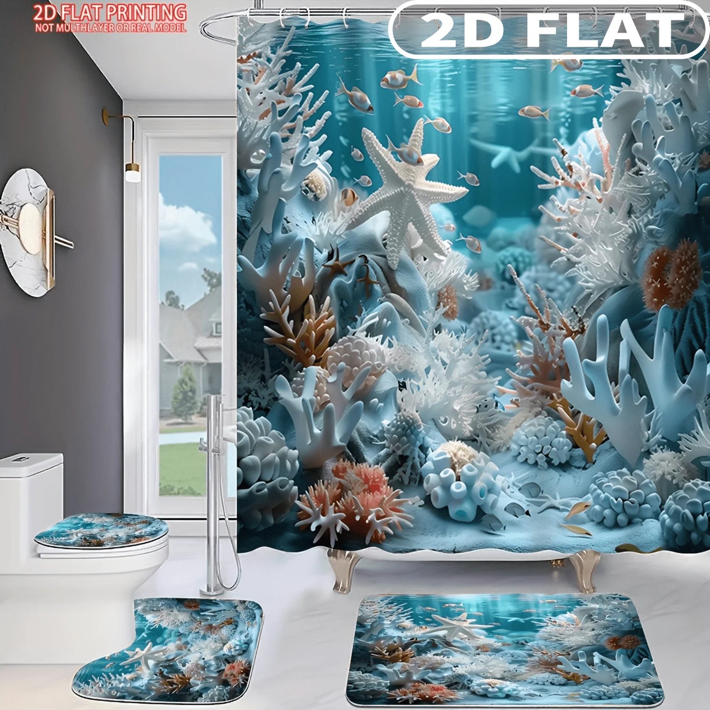1pc/ 4pcs 2D FLAT Underwater Coral Reef Scene Pattern Shower Curtain Set, with Bath Mat, U-shaped Mat, Toilet Lid Cover