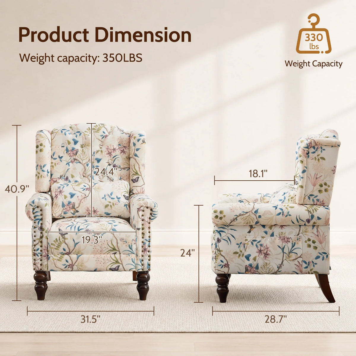 TCGBKAF Vintage Floral Wingback Club Accent Chair With Arms