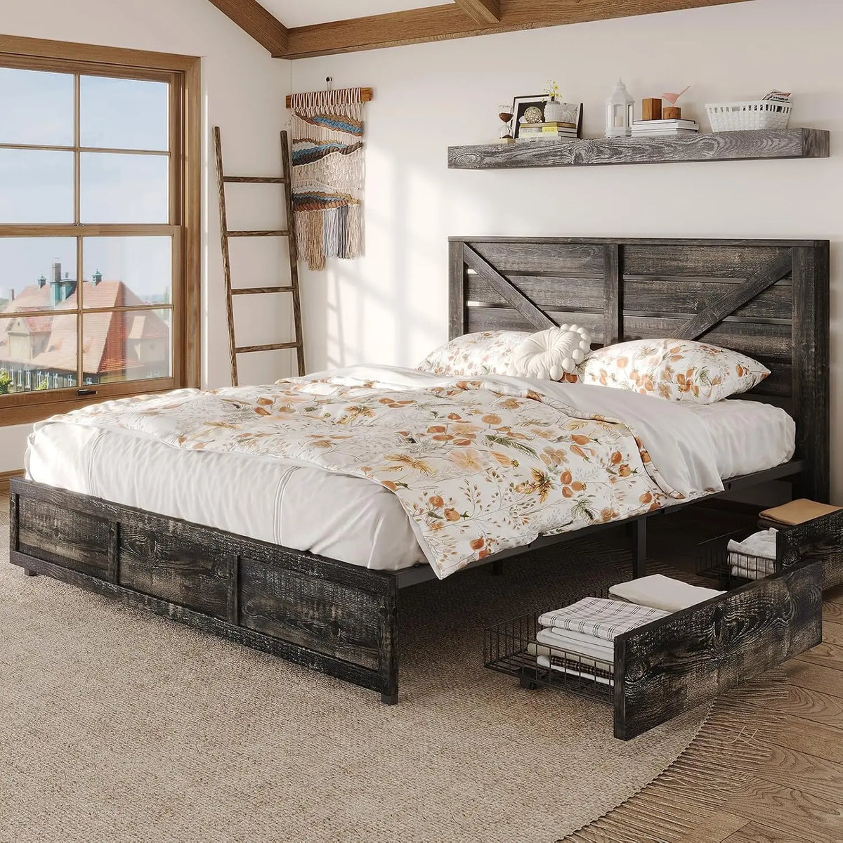 Farmhouse Barn Door Headboard Wooden Bed Frame Platform Design