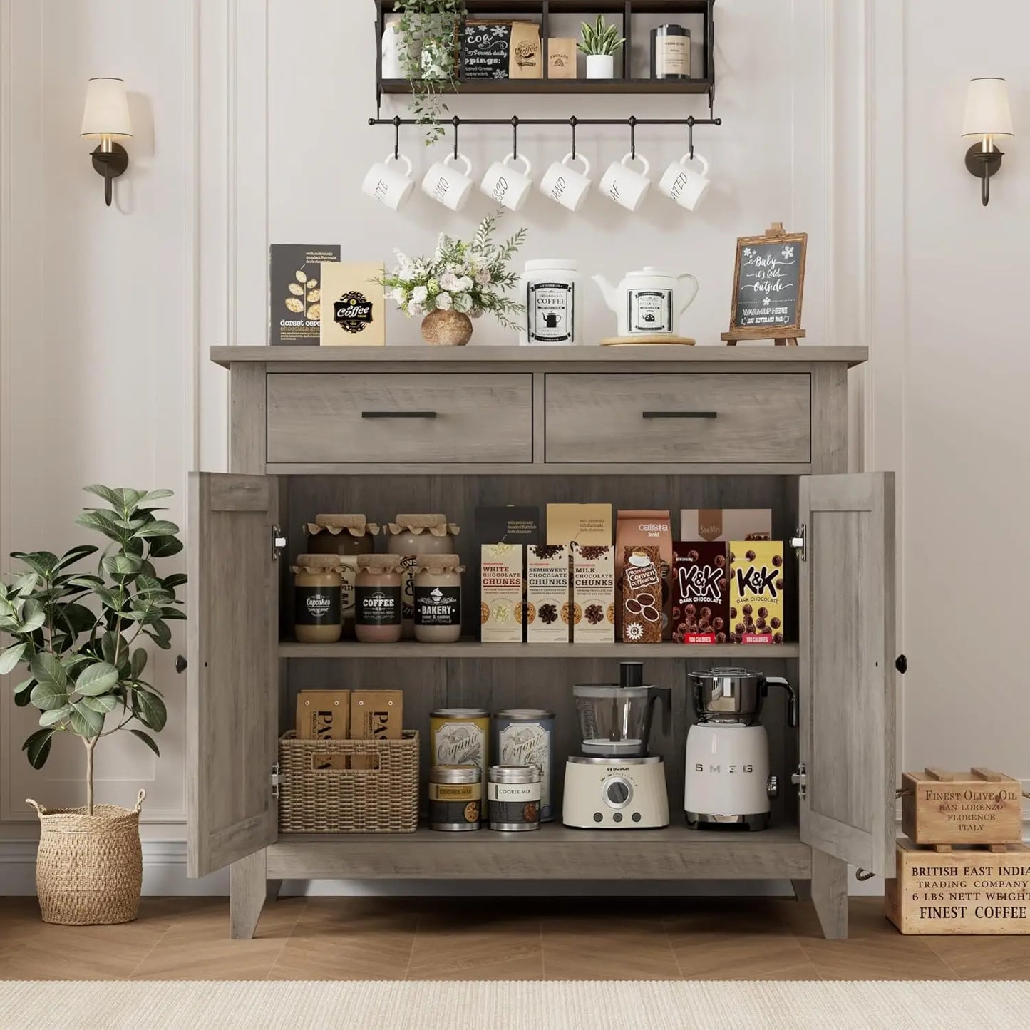 Modern Farmhouse Kitchen Storage Cabinet With Coffee Bar