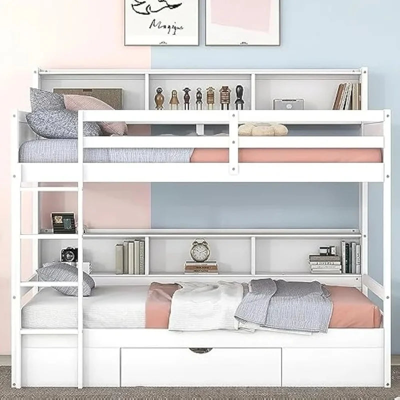 Twin over Twin Bunk Bed with Storage Drawer, Solid Wood Construction, Built-in Shelves on Each Side