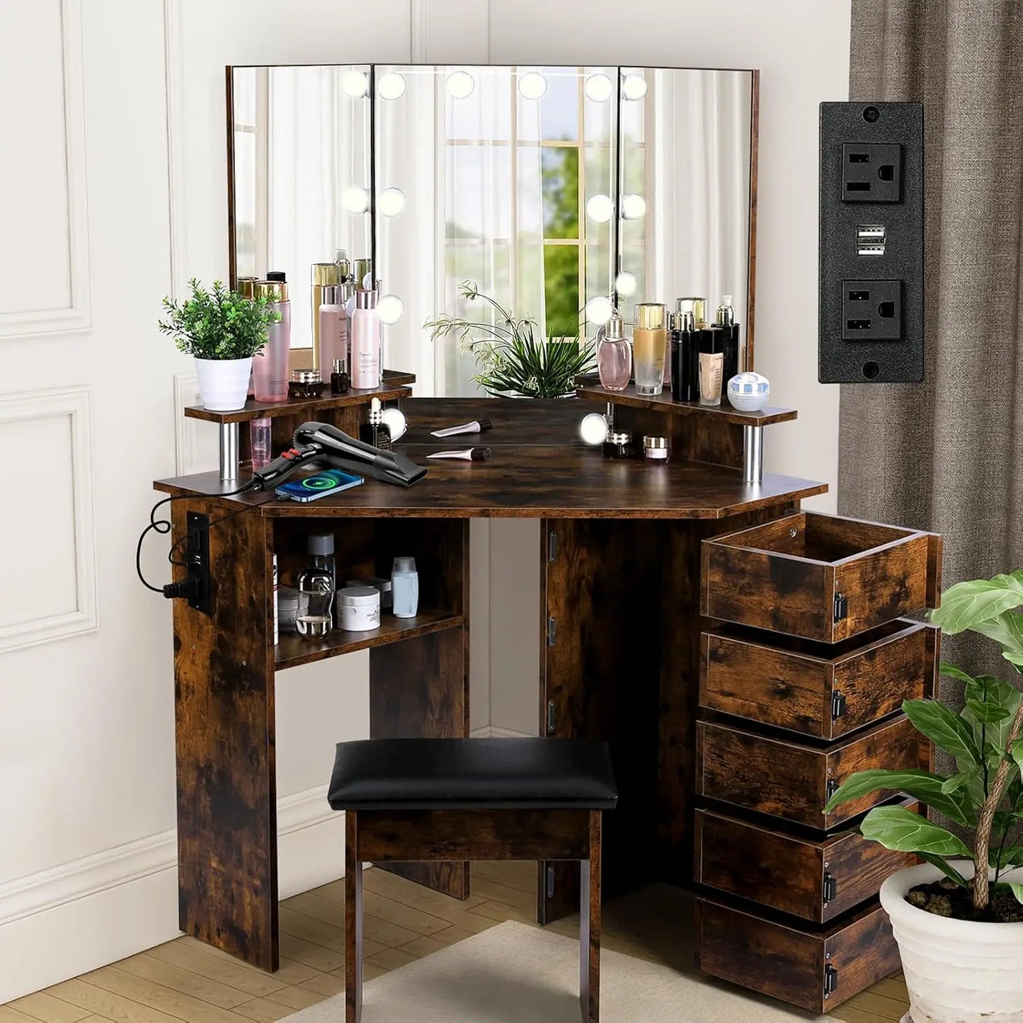 MOYU Vanity With Lights Makeup Desk Power Outlet Included