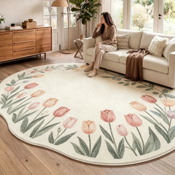 Irregular Shaped Plush Rug For Living Room With Flower Pattern