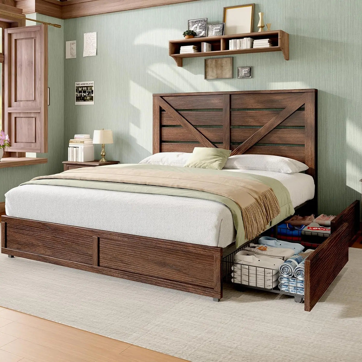 Farmhouse Queen Bed Frame with 4 Drawers, Wooden Platform Barn Door Headboard, Metal Slats, No Box Spring, White & Barnwood, Cus