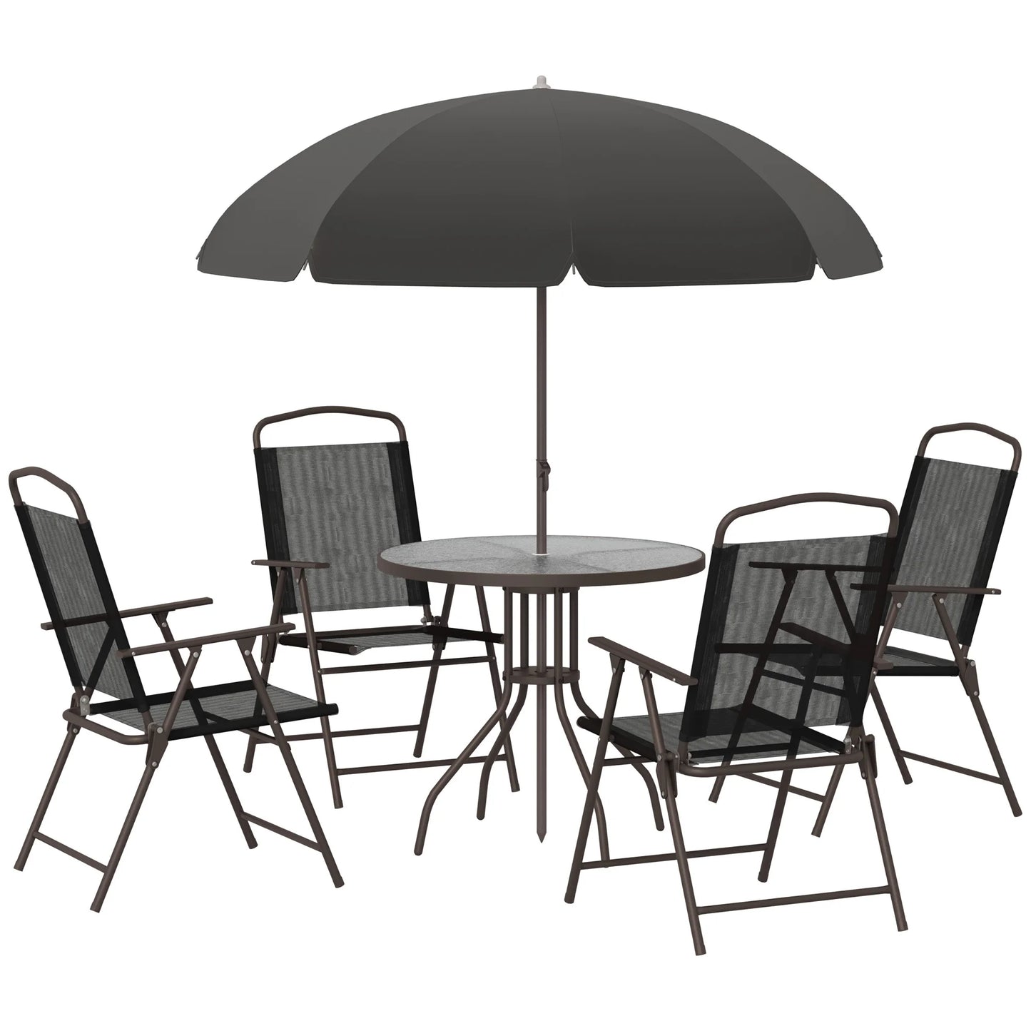 6 Piece Patio Dining Set with Umbrella, 4 Folding Chairs & Glass Table, Black and Coffee