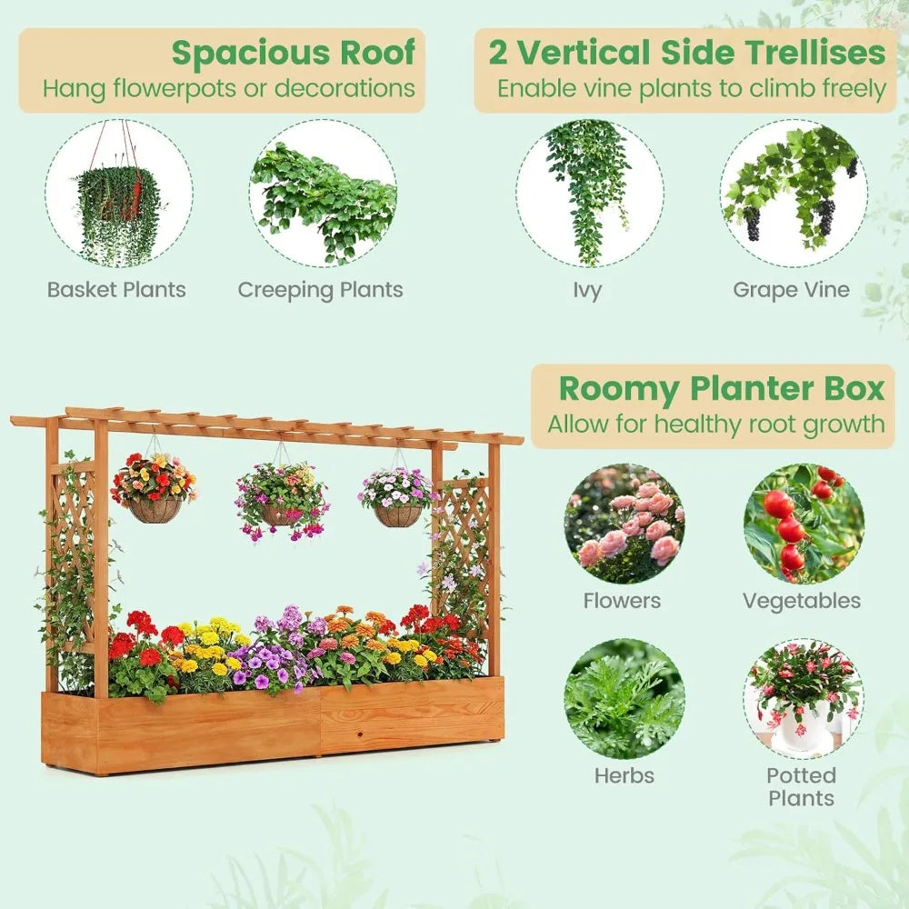 Raised Garden Bed With Trellis And Hanging Roof Planter Box