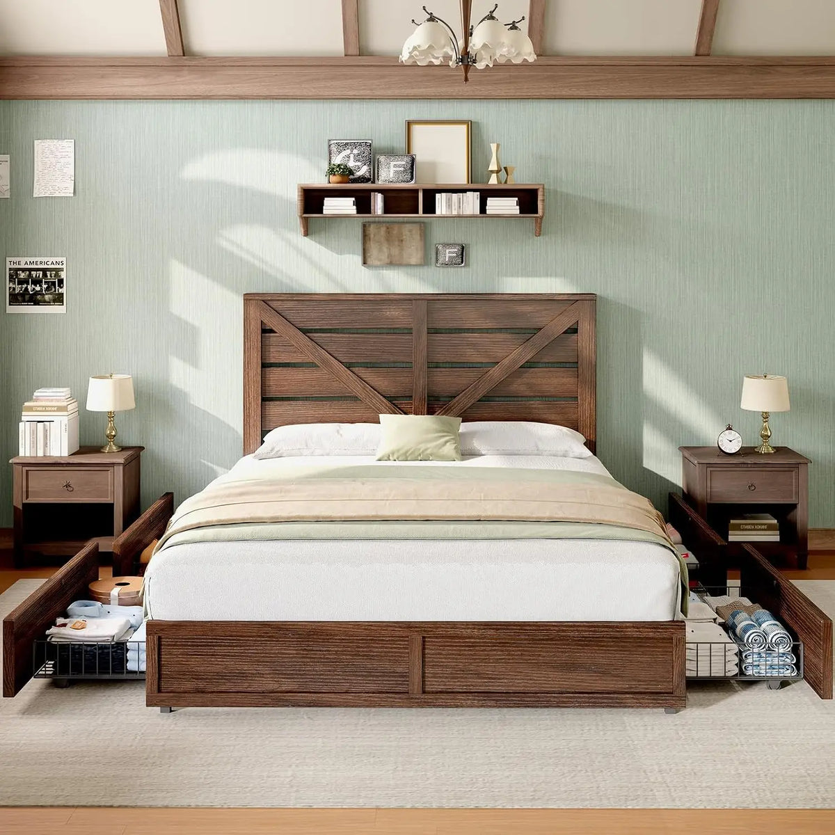 Farmhouse Queen Bed Frame with 4 Drawers, Wooden Platform Barn Door Headboard, Metal Slats, No Box Spring, White & Barnwood, Cus
