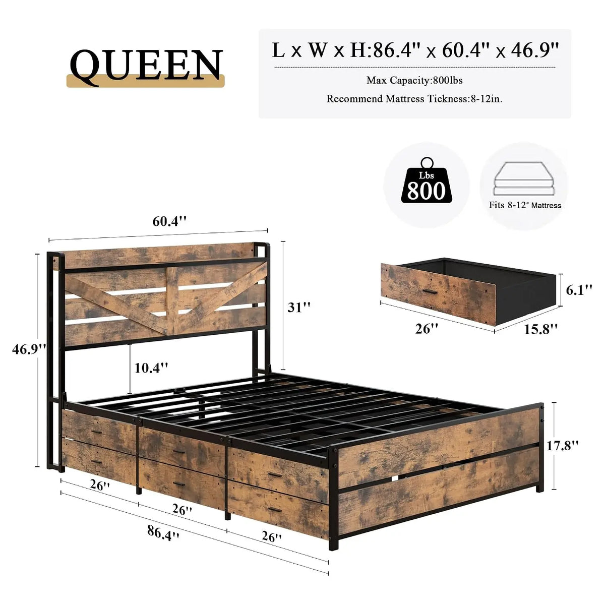 Wooden Platform Bed Frame With Storage Drawers And Charging Station