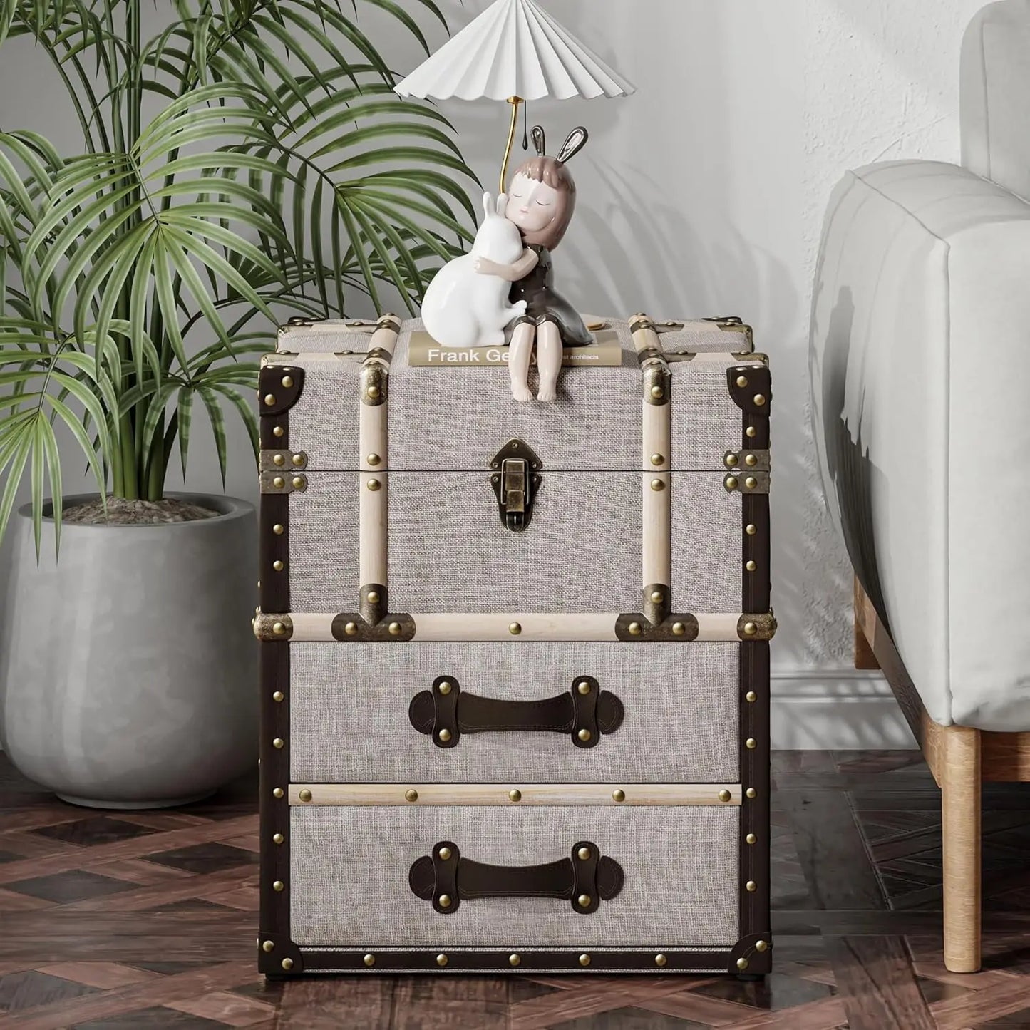 Aoikax Vintage Storage Chest With Buckle Hinged Top End Table
