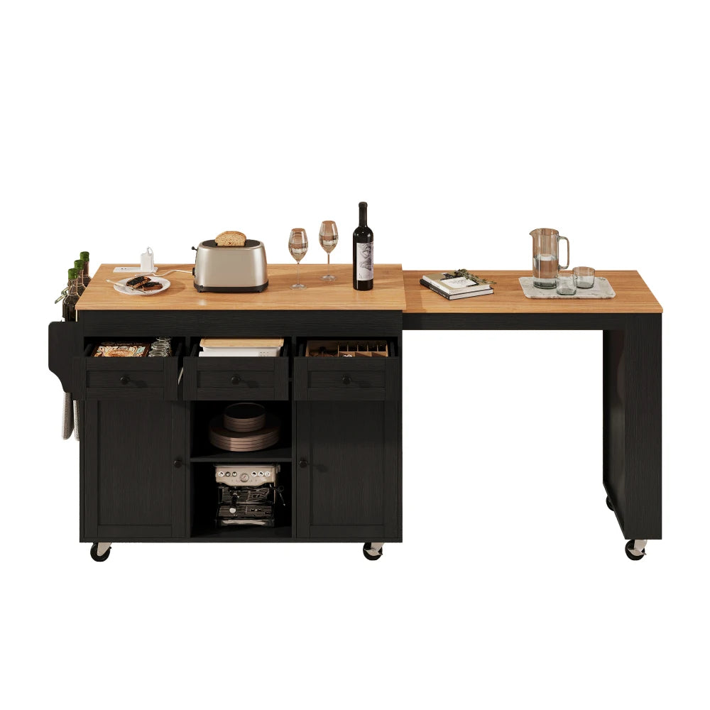 K&K 85.5" Kitchen Island with Extendable Dining Table, Kitchen Storage Table with 3 Side Open Shelves, Rolling Kitchen Island with Power Outlet, 3 Drawers, 2 Doors, for Kitchen, Dining Room, White