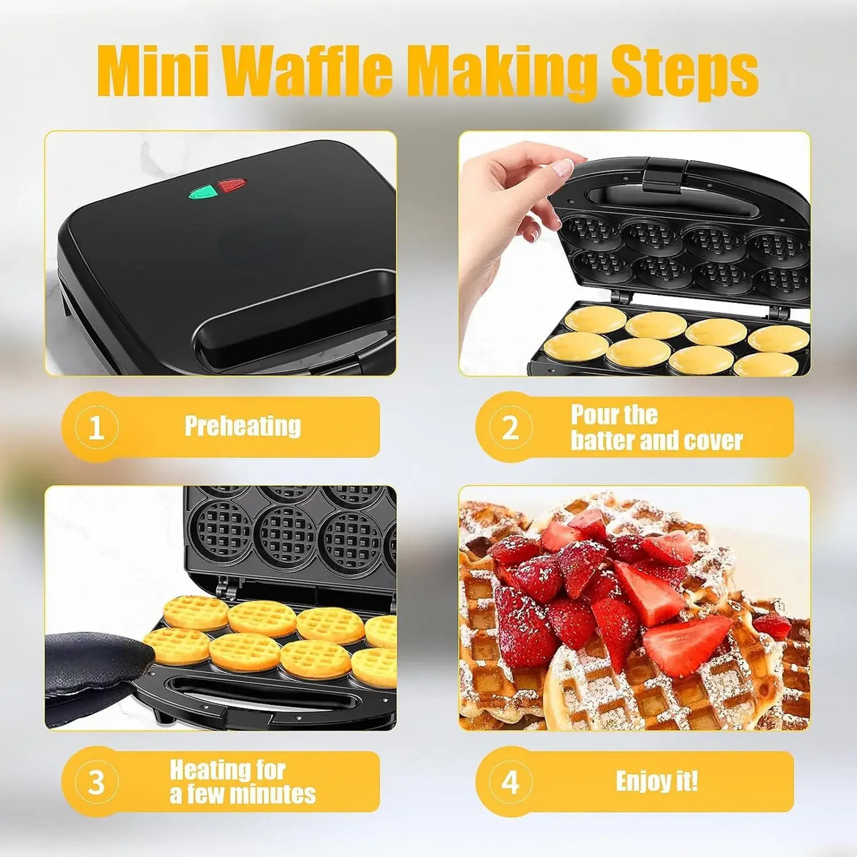 Home portable mini waffle maker, capable of making 8 mini waffles, small waffle baking tray