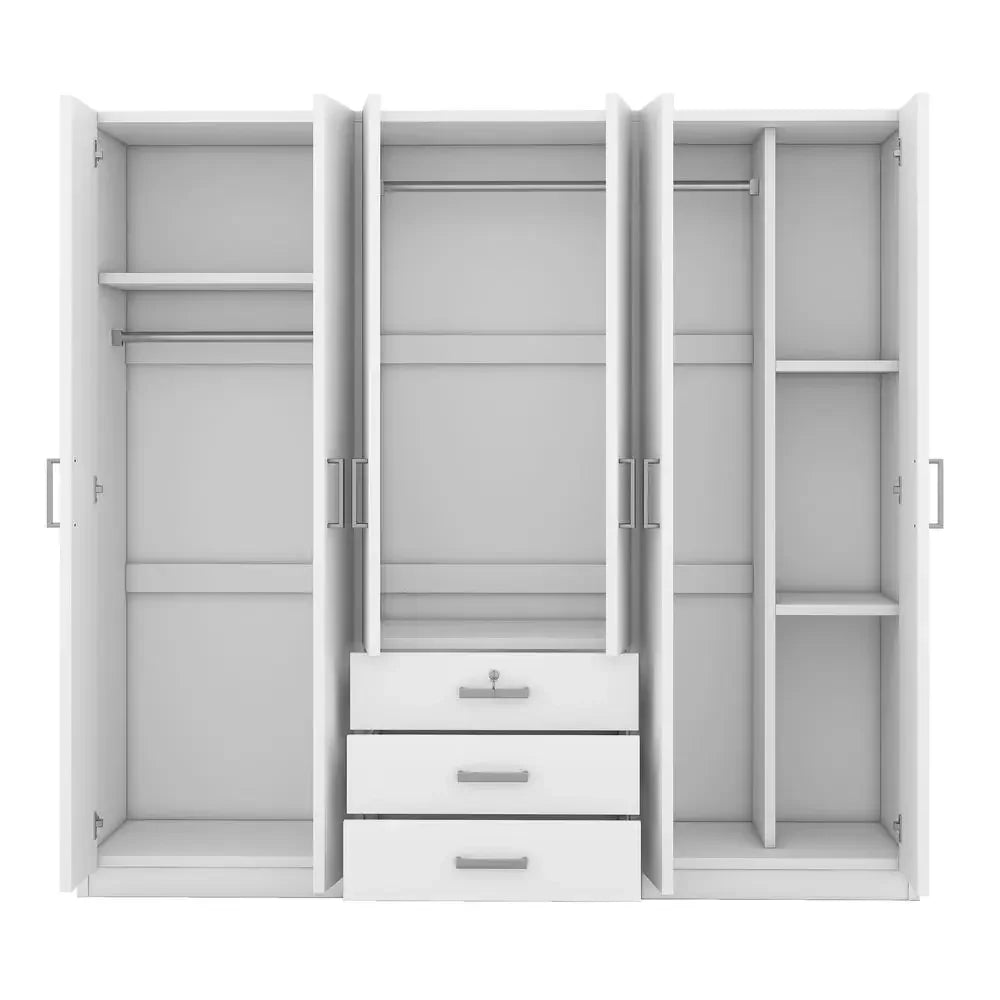 Large White 6 Doors Wooden Wardrobe, Bedroom Tall Armoire Closet Organizer with Big Drawers, Hanging Rails and Shelves, Clothes