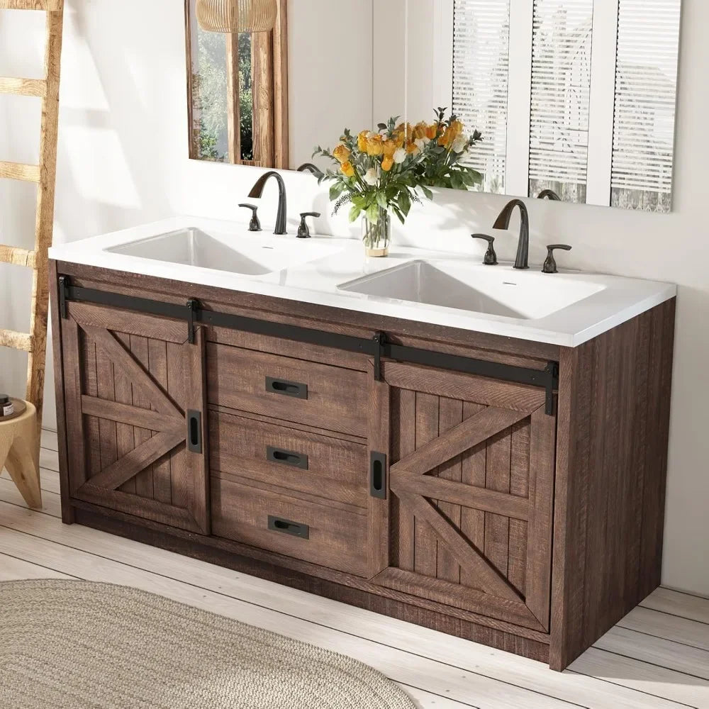 60" Freestanding Bathroom Vanity with Sliding Barn Door, Double Sink Combo, Drawers & Metal Handles, Reclaimed Barnwood Design