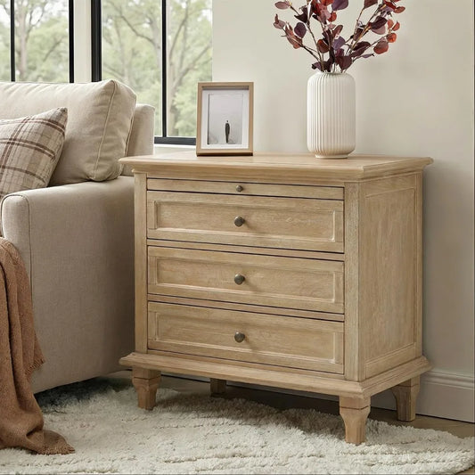 Farmhouse End Table With Charging Station 3 Drawers