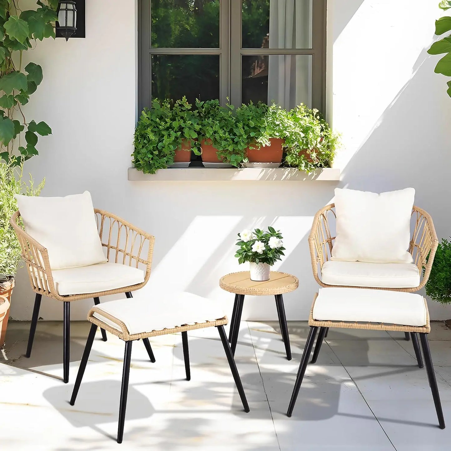 Outdoor Patio Furniture Set With Ottoman And Wicker Chairs
