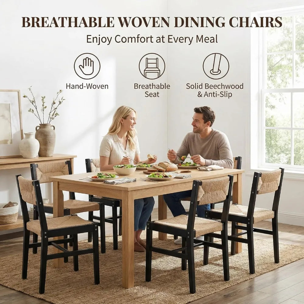 Set of 6 Rattan Dining Chairs Beechwood Woven Farmhouse Kitchen