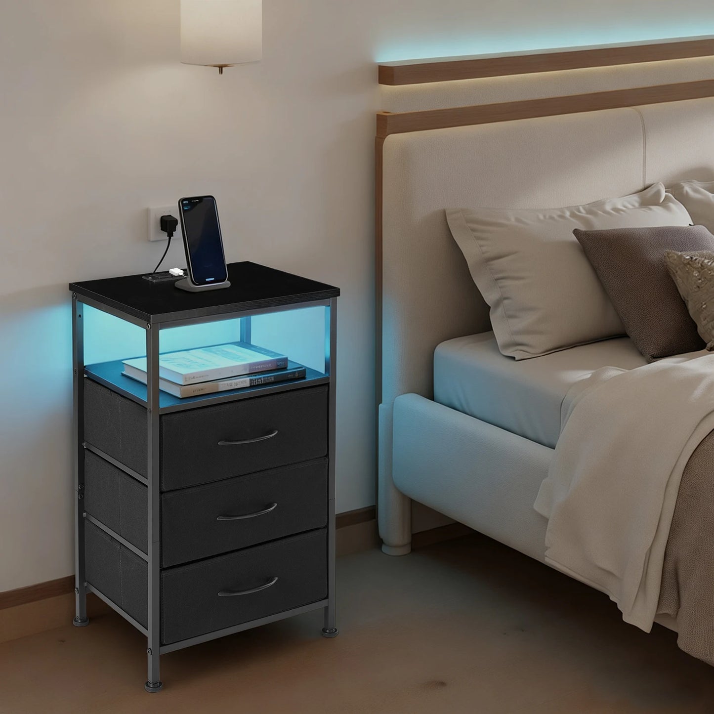 JHK 3 Fabric Drawers Cabinets with Charging Station Bedside End Table with USB/Type-C Ports Outlets Nightstand for Furniture
