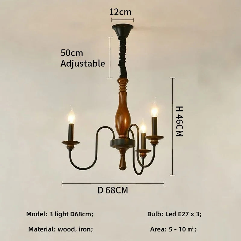 SaloEElaitte American Retro Wood Candle E27 Chandelier Pendant Light