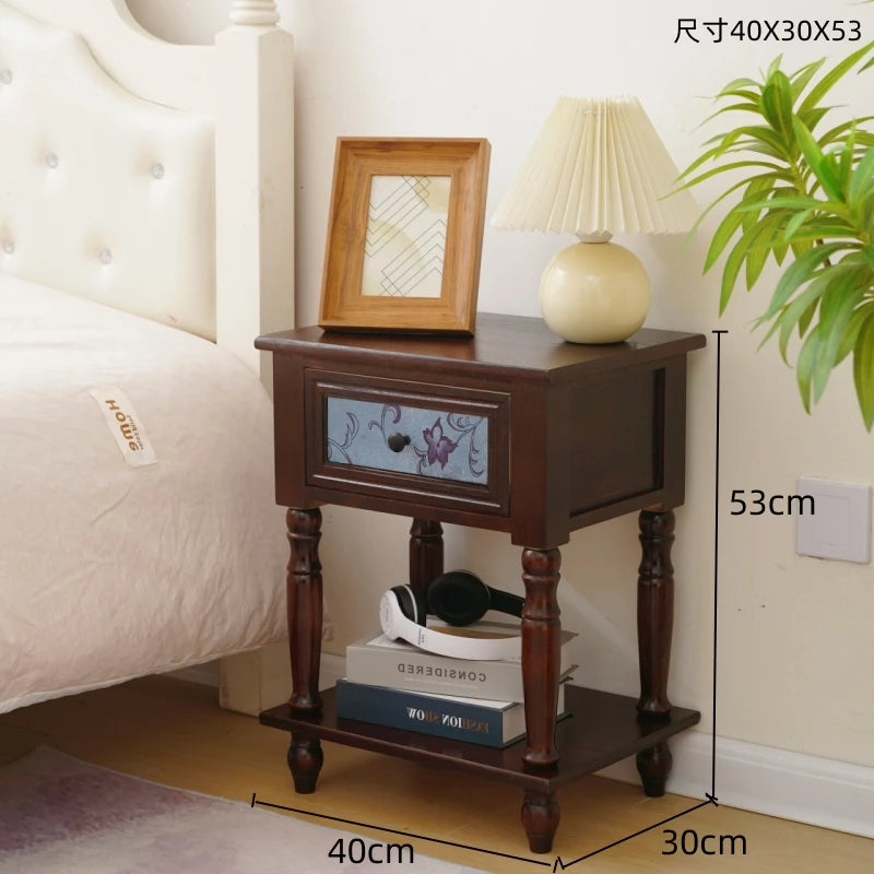 Solid Wood Vintage French Nightstand With Distressed Bedside Drawer