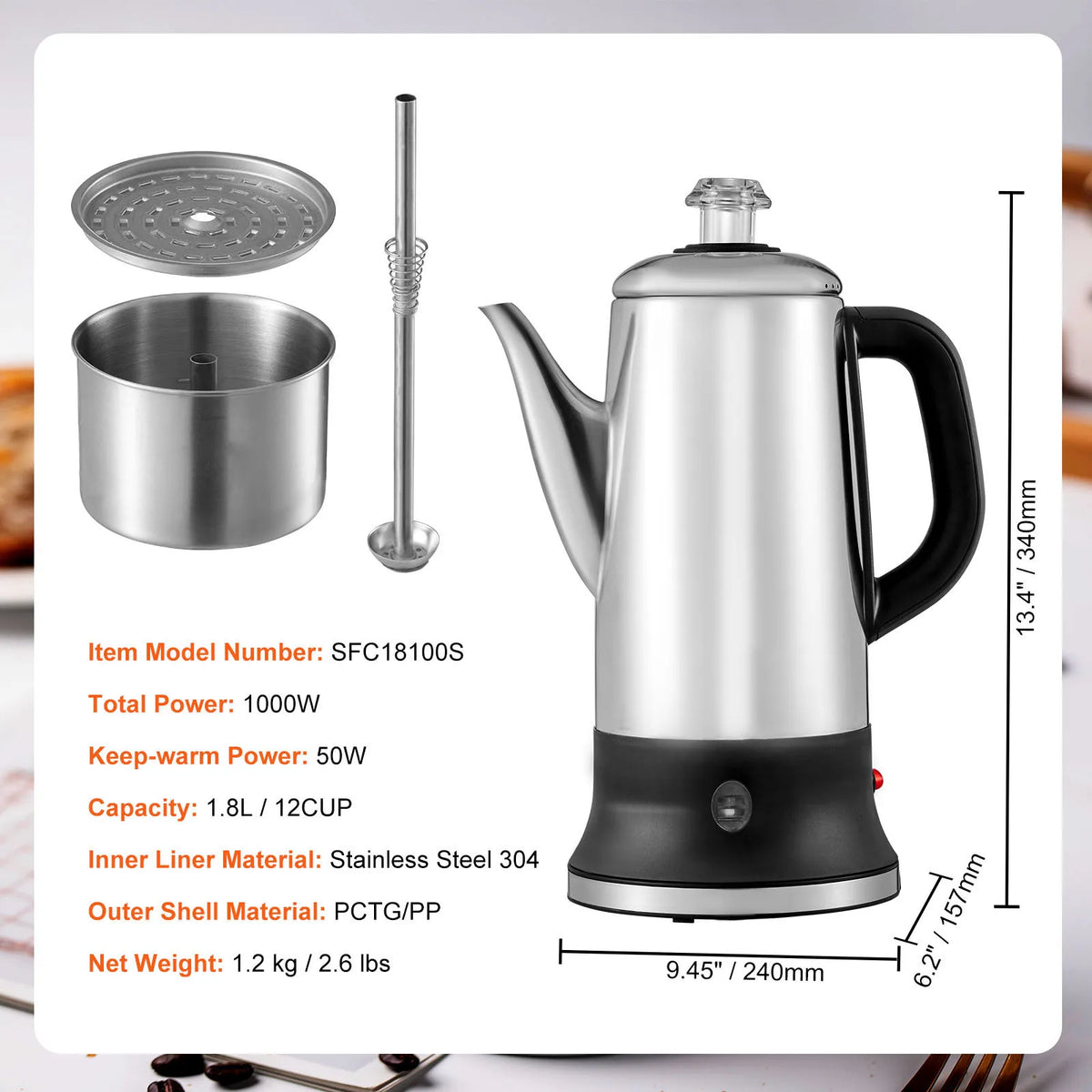SucceBuy Electric Stainless Steel Coffee Percolator With Keep Warm Function
