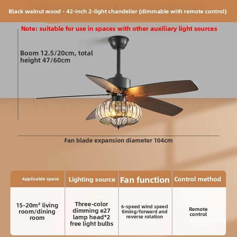 2026 Modern Simple Terrace Villa Fan Lamp Courtyard Ceiling Fan Lamp Retro American Style Crystal Electric Fan Integrated Lamp