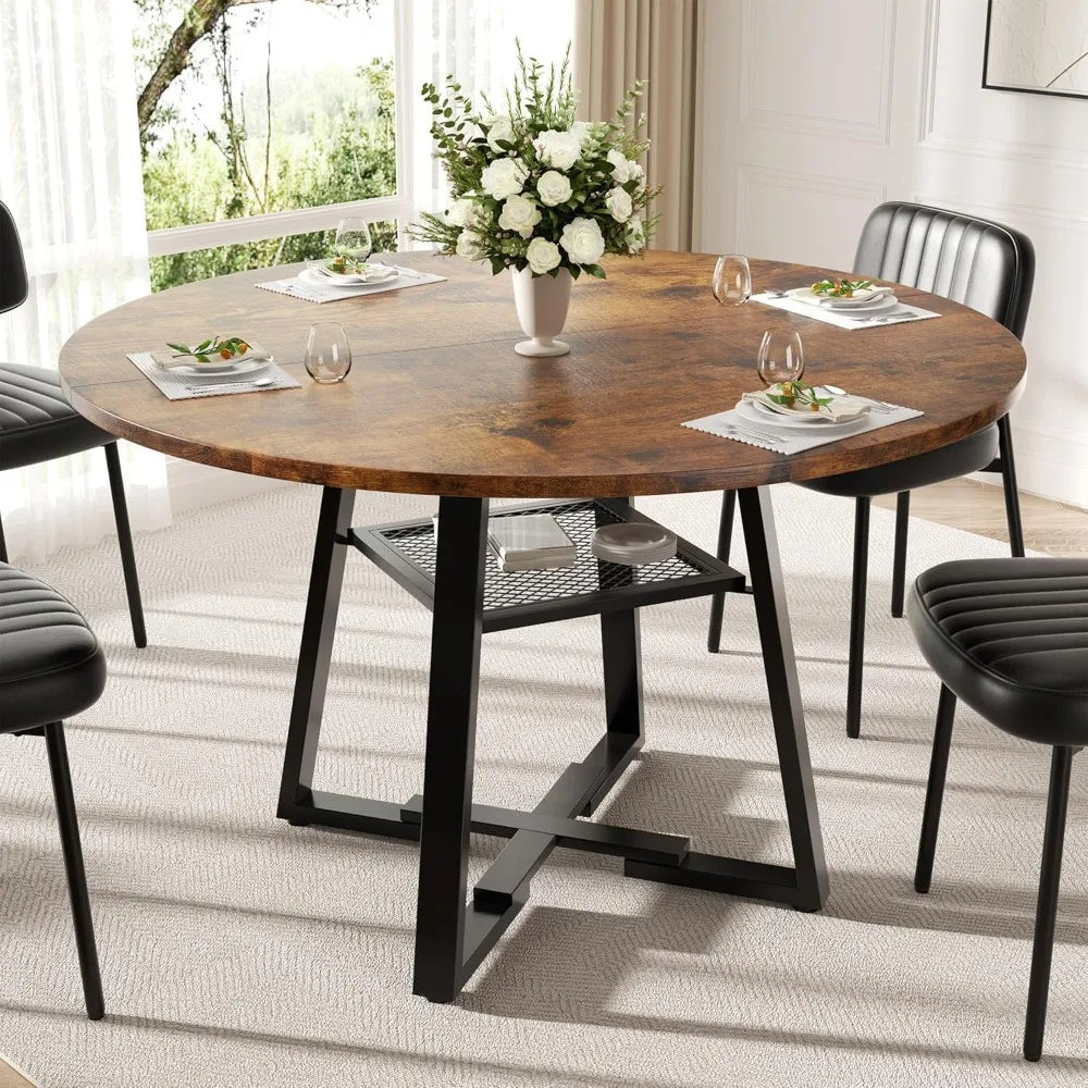 Round Dining Table With Storage Shelf And Modern Metal Legs