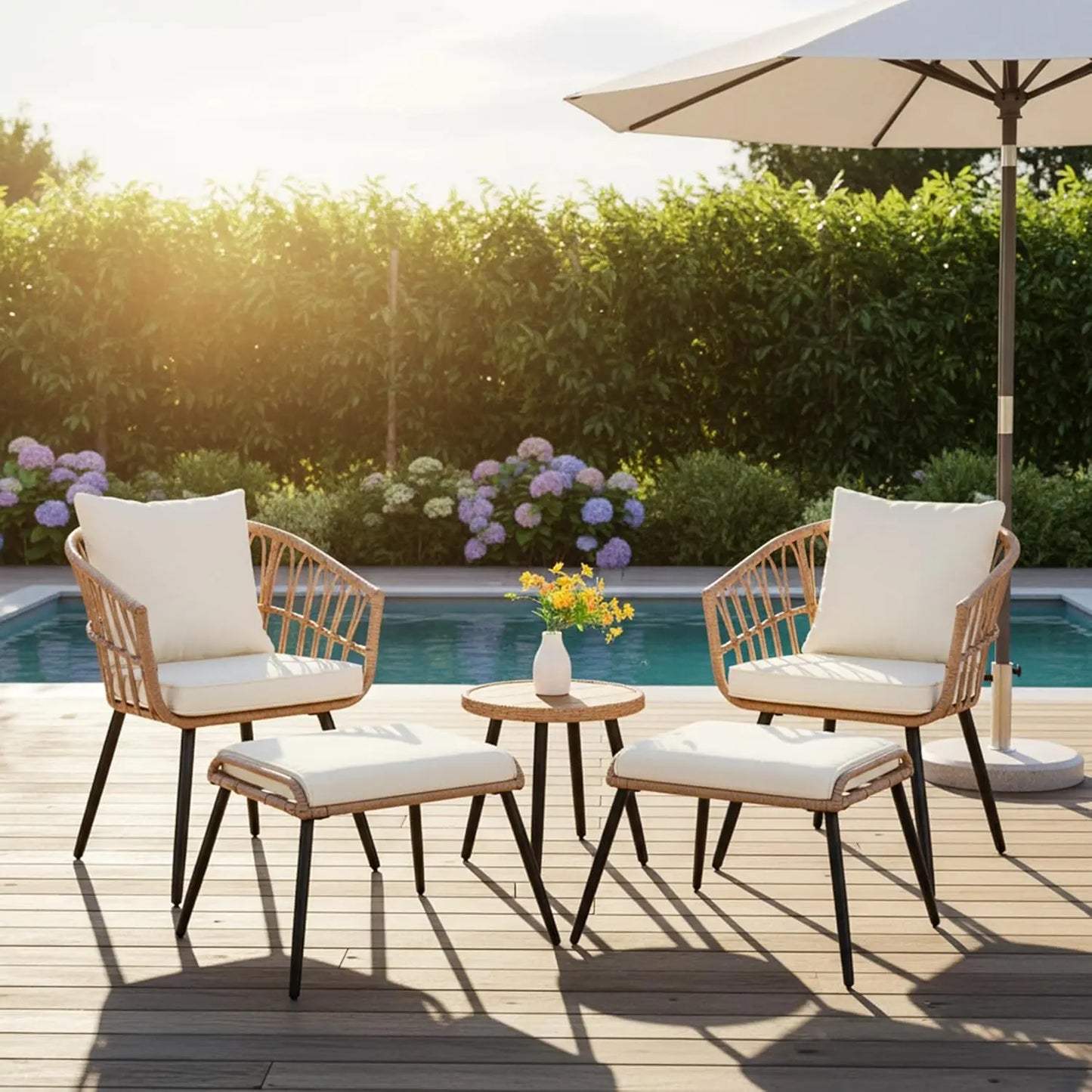 Outdoor Patio Furniture Set With Ottoman And Wicker Chairs