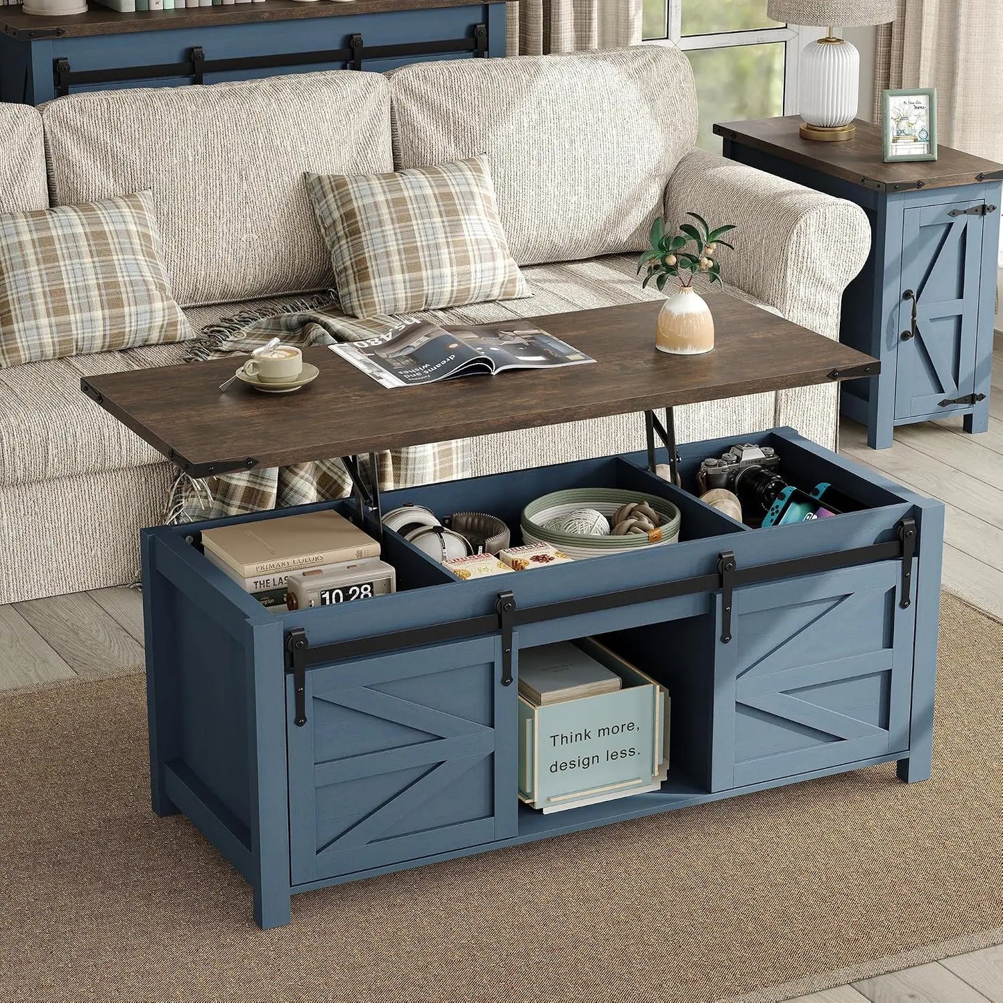 Furnihold Lift Top Coffee Table, 47.3'' Farmhouse Coffee Table with Large Hidden Storage Compartment & Sliding Barn Doors, Wood