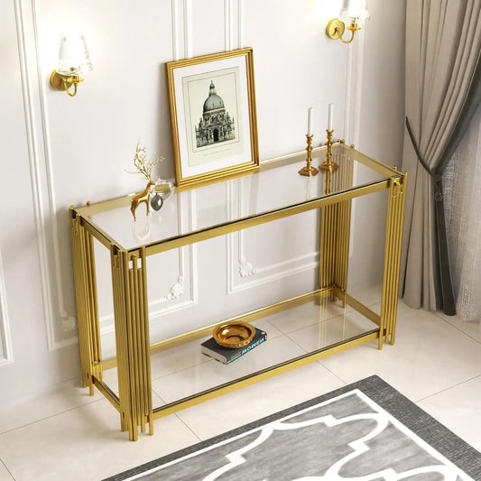 Glass Console Table With Metal Frame And Two Tier Shelf