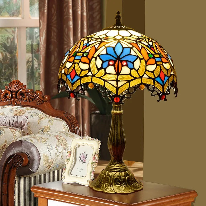 European Tiffany Style Stained Glass Table Lamp Grape Motif