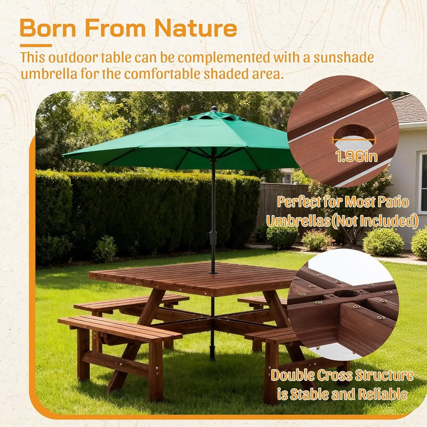 Wood Picnic Table Bench Set for 4-8 Person, Square Lifetime Picnic Tables for Outdoor with Umbrella Hole and Benches, Outside Di