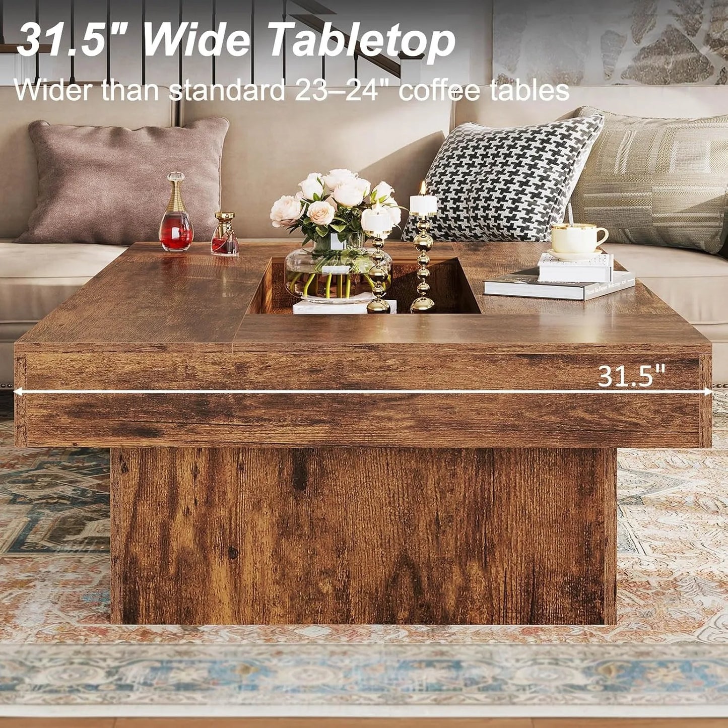 XIUWO Rustic Wood Coffee Table With Storage LED Light