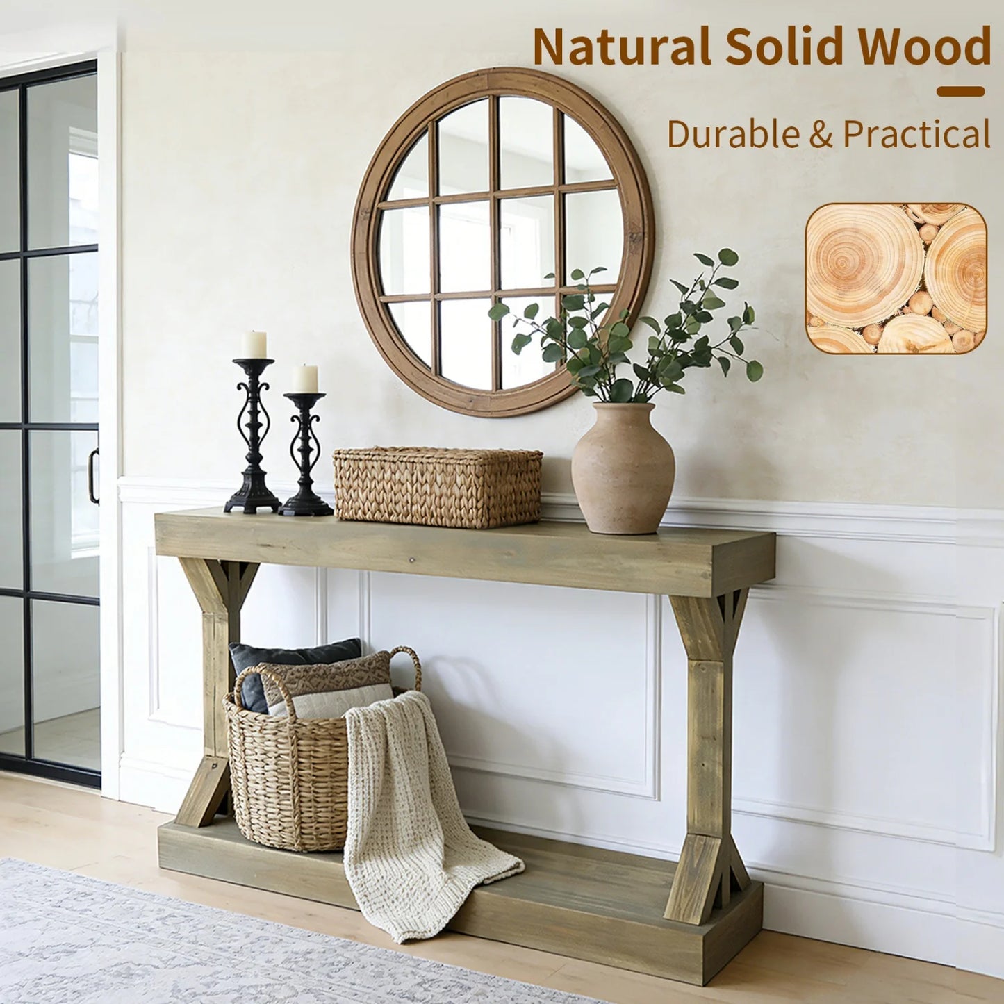 120cm Solid Wood Console Table Farmhouse Entryway Table Rectangular Couch Tables Behind Sofa Accent Tables for Hallway Entrance Foyer Living Room