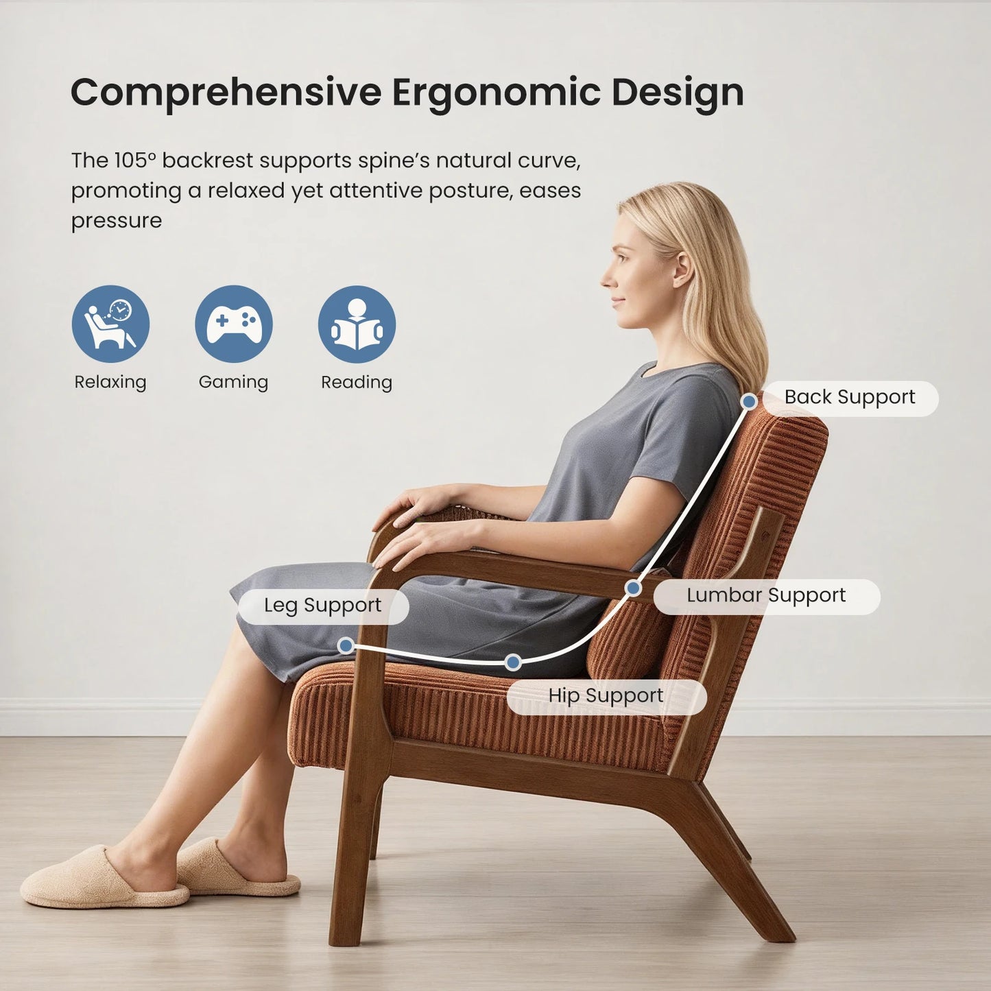 MCQ Mid-century Solid Wood Frame Office Chair Ergonomic Armchair with Lumbar Pillow High Backrest Heavy Capacity For Office