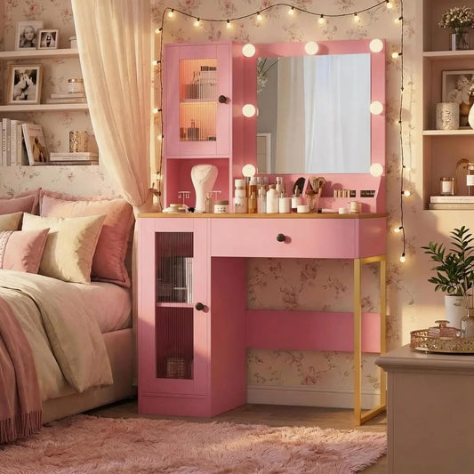 LED Vanity Mirror Desk With USB Charging And Storage Cabinet