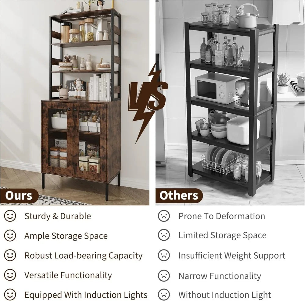 LED Kitchen Pantry Cabinet With Power Outlet And Glass Doors