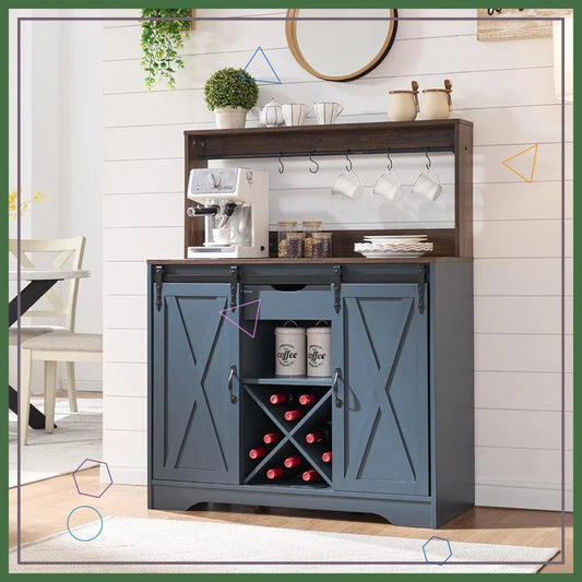 Farmhouse Coffee Bar Cabinet With USB Charging Station