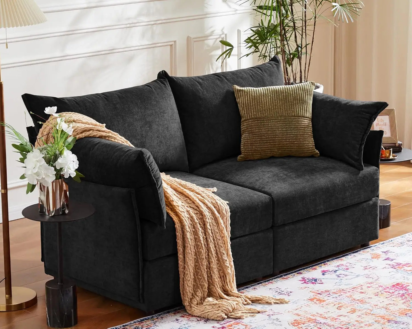 Oversized Loveseat Sofa, Modern Modular Sectional Couch Terracotta Orange Fluffy Chenille Mid Century 2-Seat 24.5" Deep Seat for