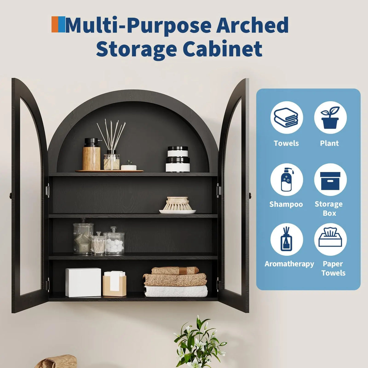 Arched Bathroom Wall Cabinet, Wall Mounted Display Cabinet with Glass Doors & Adjustable Shelves, Medicine Cabinet for Living Room Kitchen