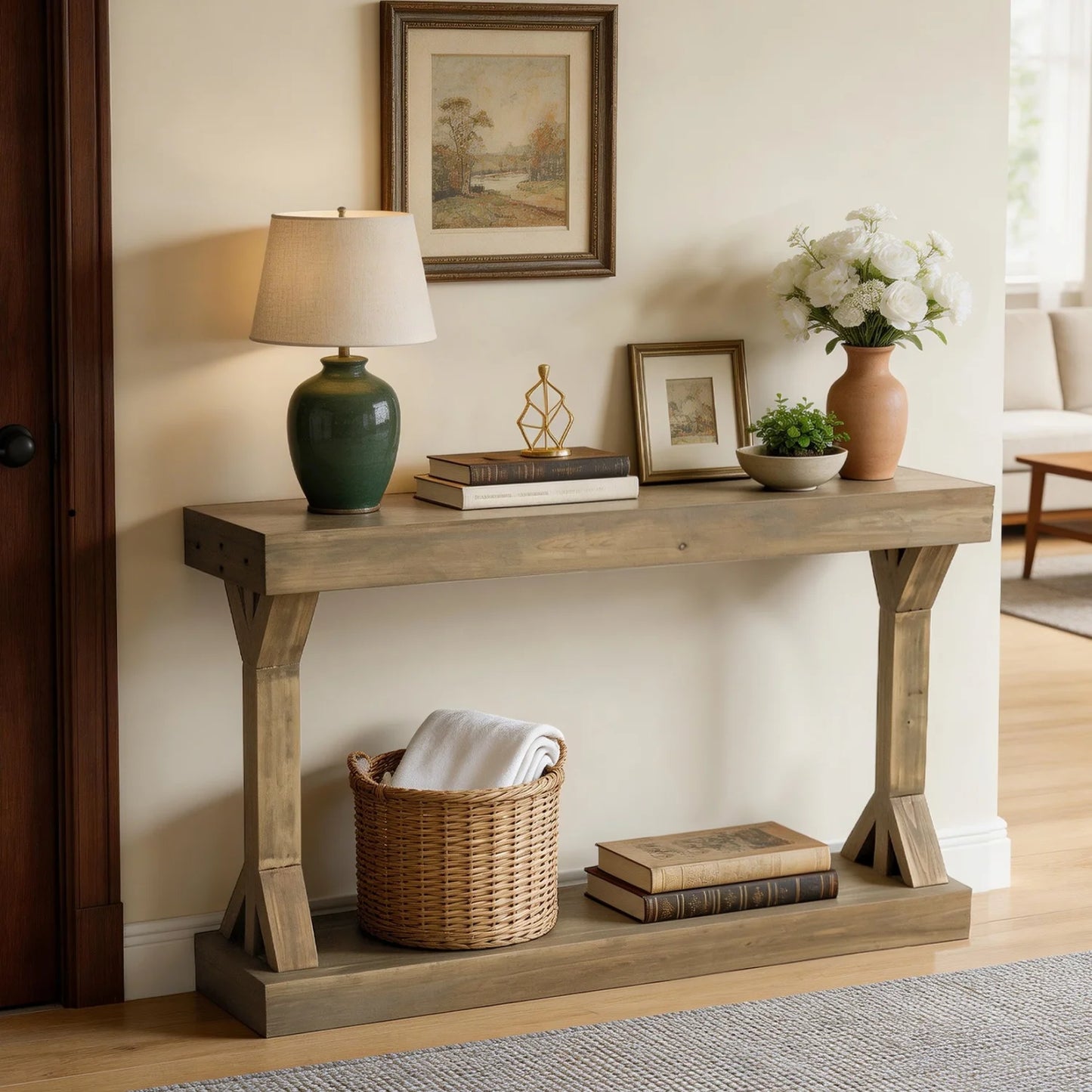 120cm Solid Wood Console Table Farmhouse Entryway Table Rectangular Couch Tables Behind Sofa Accent Tables for Hallway Entrance Foyer Living Room