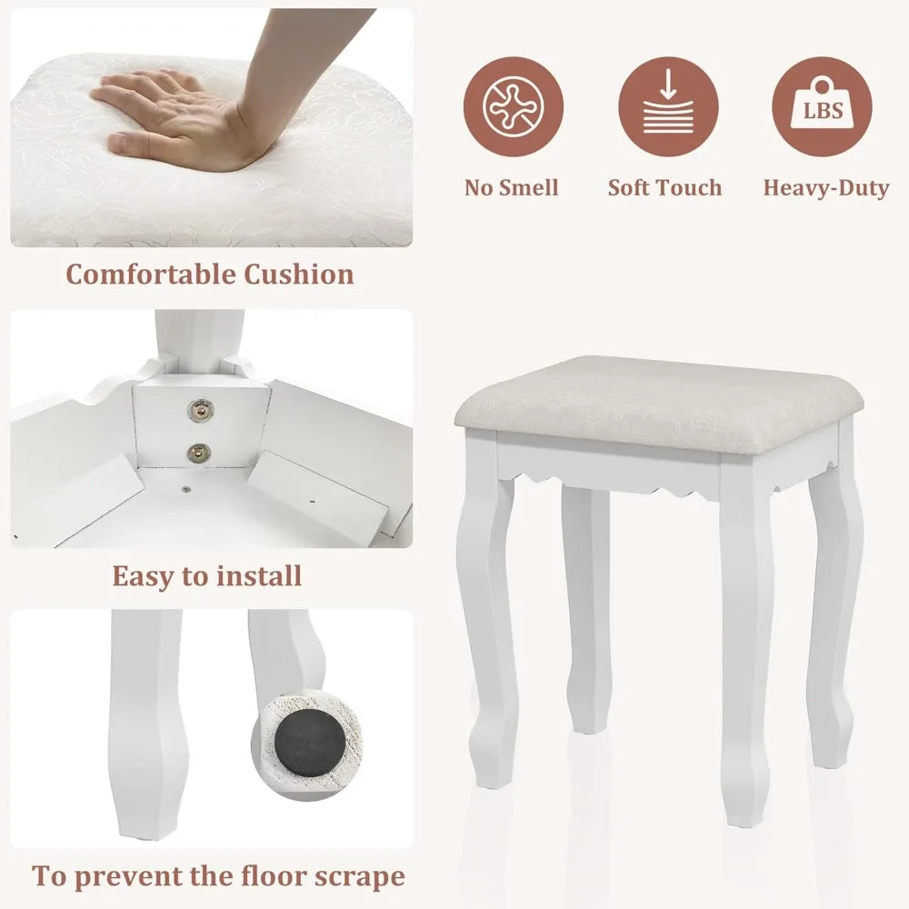 LED Mirror Vanity Desk with 4 Drawers & Stool, Adjustable Lighting Makeup Table for Bedroom, White