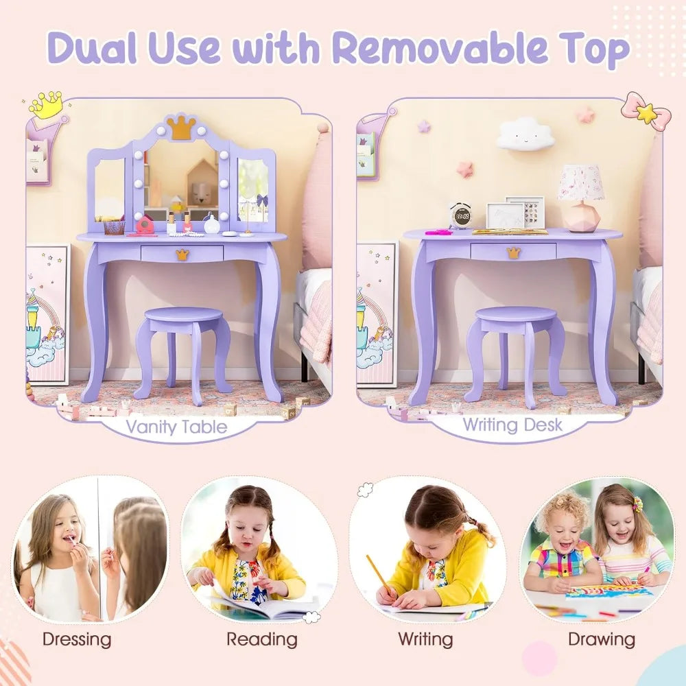 Girls Vanity Set With LED Lights Mirror And Stool Storage