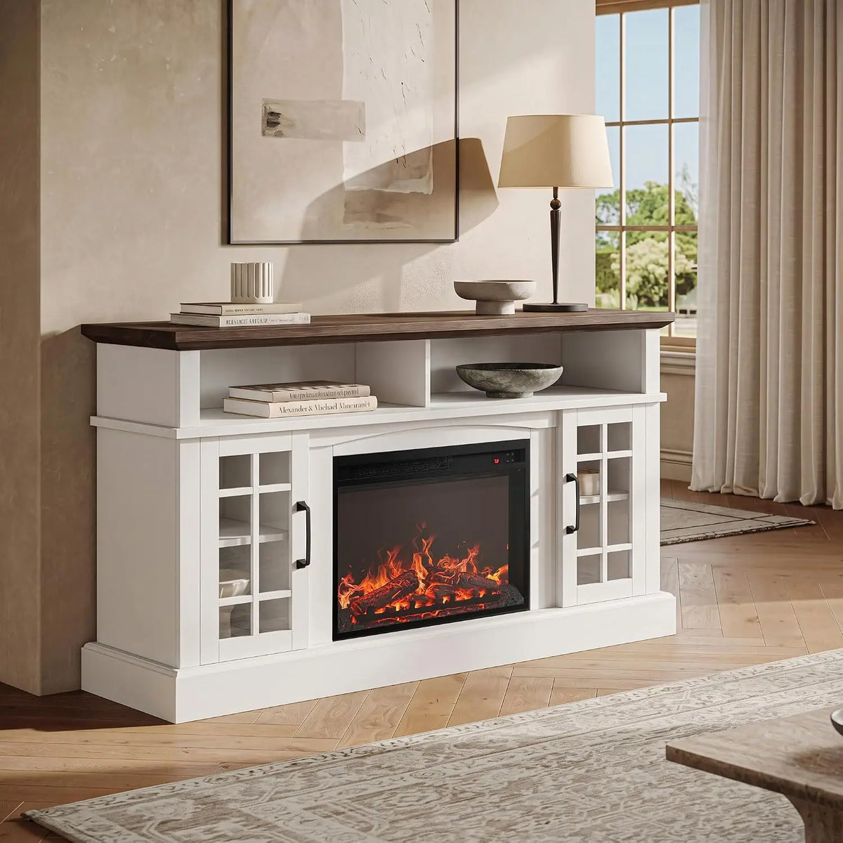 Rustic Entertainment Console With Electric Fireplace Sound And Storage