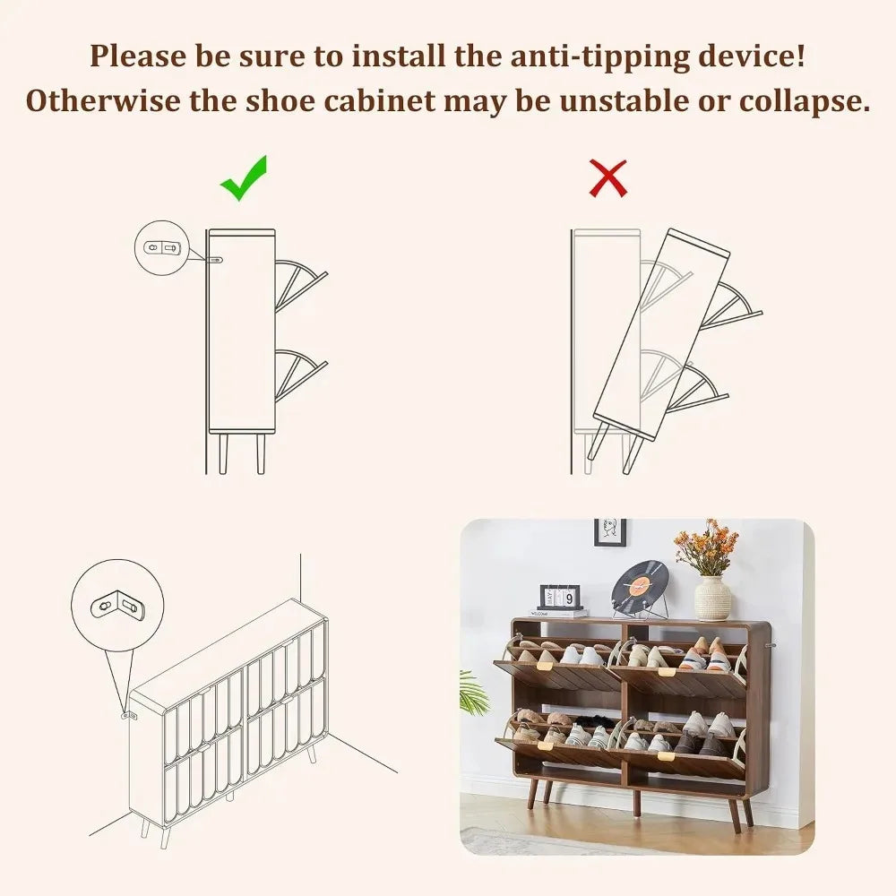 Narrow Freestanding Wood Shoe Storage Cabinet,Wave Panel & 4 Flip Drawers For Entryway, Custom