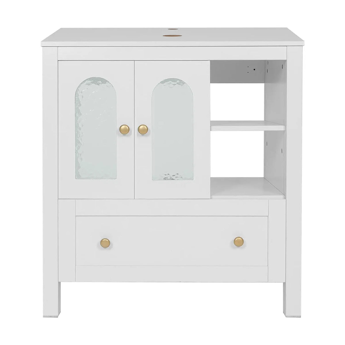 30" Bathroom Vanity with Sink, Freestanding Cabinet, 2 Water Ripple Doors & 1 Drawer, Soft-Close, Silver Glass Boat Sink, White,