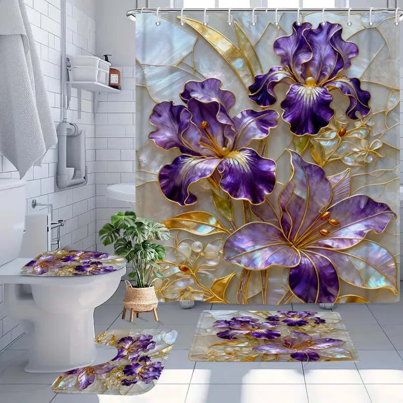 2D Flat, 4pcs Artistic 2D Bathroom Set, Featuring High-Quality Bathroom Decorations And Additions, Including a Non-Slip, a U-Shaped, a Toilet Seat, And a Shower Curtain with 12 Hooks