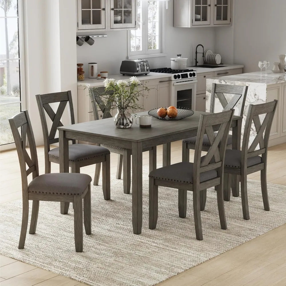 Gray 7-Piece Dining Set with Rectangular Table and 6 Upholstered X-Back Chairs 36"W x 60"D x 30"H